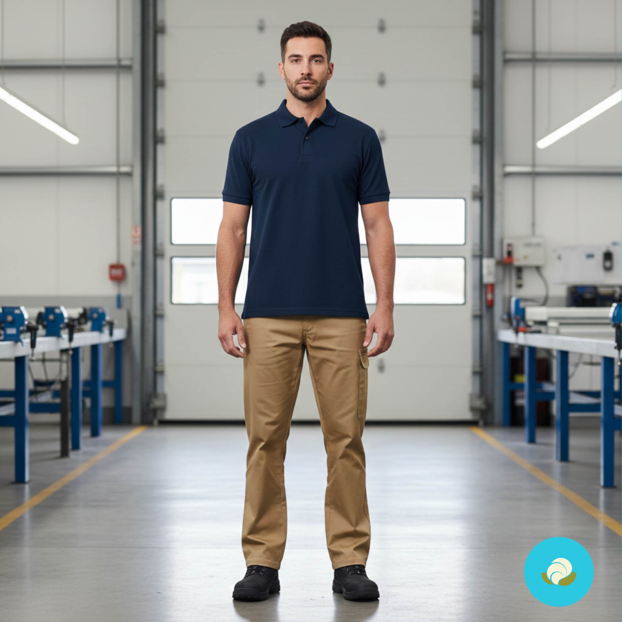 Fotografia de corpo inteiro de um modelo masculino em pé, de frente, em um ambiente de oficina moderna e limpa. Ele veste uma camisa polo azul-marinho de mangas curtas e gola clássica, combinada com calça de sarja resistente na cor cáqui e botas de segurança pretas. O cenário ao fundo mostra bancadas de trabalho e uma porta de galpão industrial.